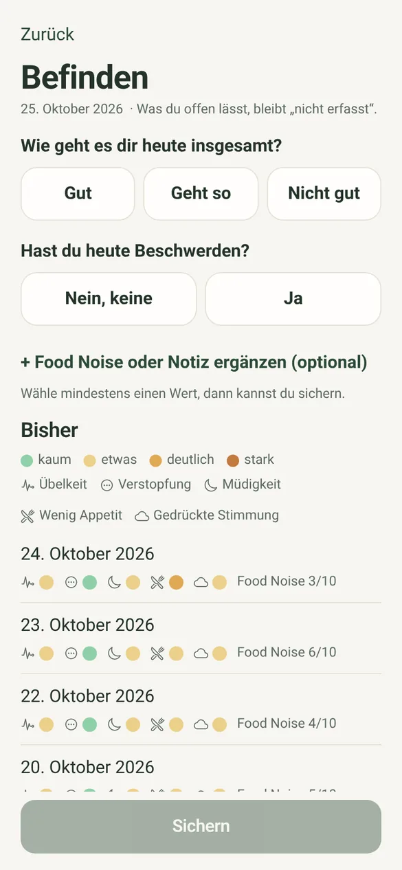 Fermo-Bildschirm „Befinden“: Tagesgefühl, Beschwerden und Verlauf der letzten Tage
