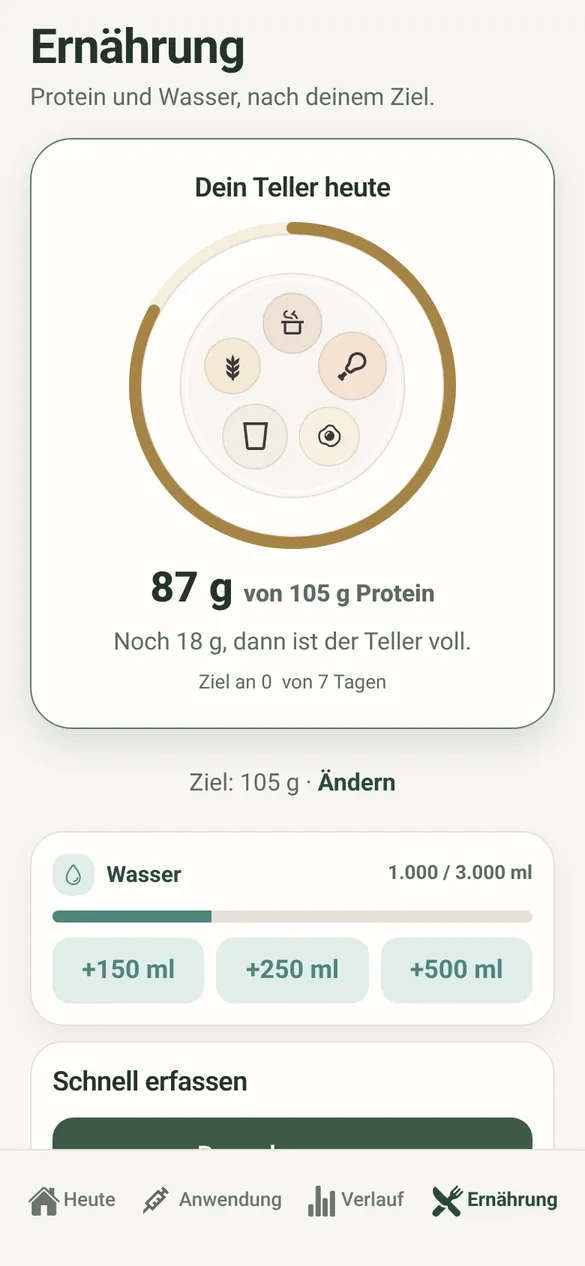 Fermo-Bildschirm „Ernährung“: Protein und Wasser des Tages im Verhältnis zum selbst gesetzten Ziel