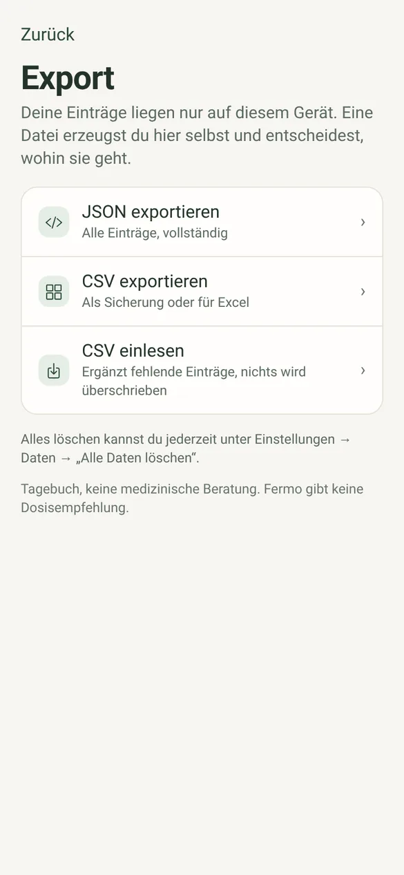 Fermo-Bildschirm „Export“: Einträge als JSON oder CSV sichern