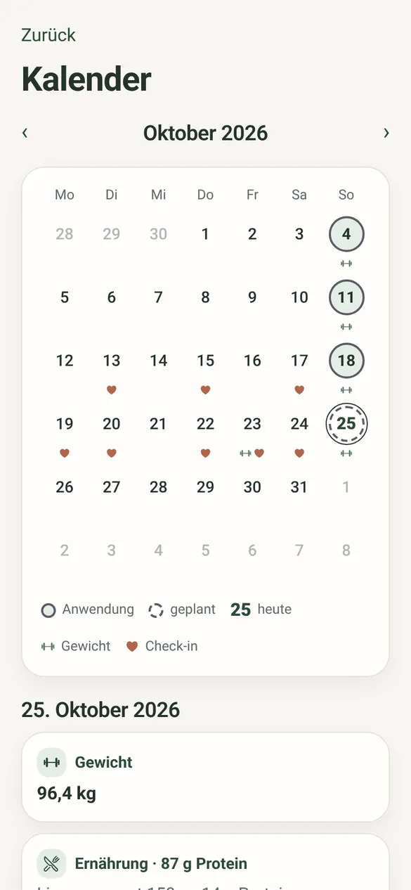 Fermo-Bildschirm „Kalender“: Anwendungen, Gewicht und Check-ins im Monatsüberblick